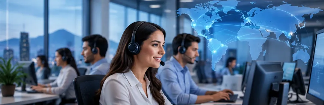 Equipo de atención con auriculares atendiendo llamadas