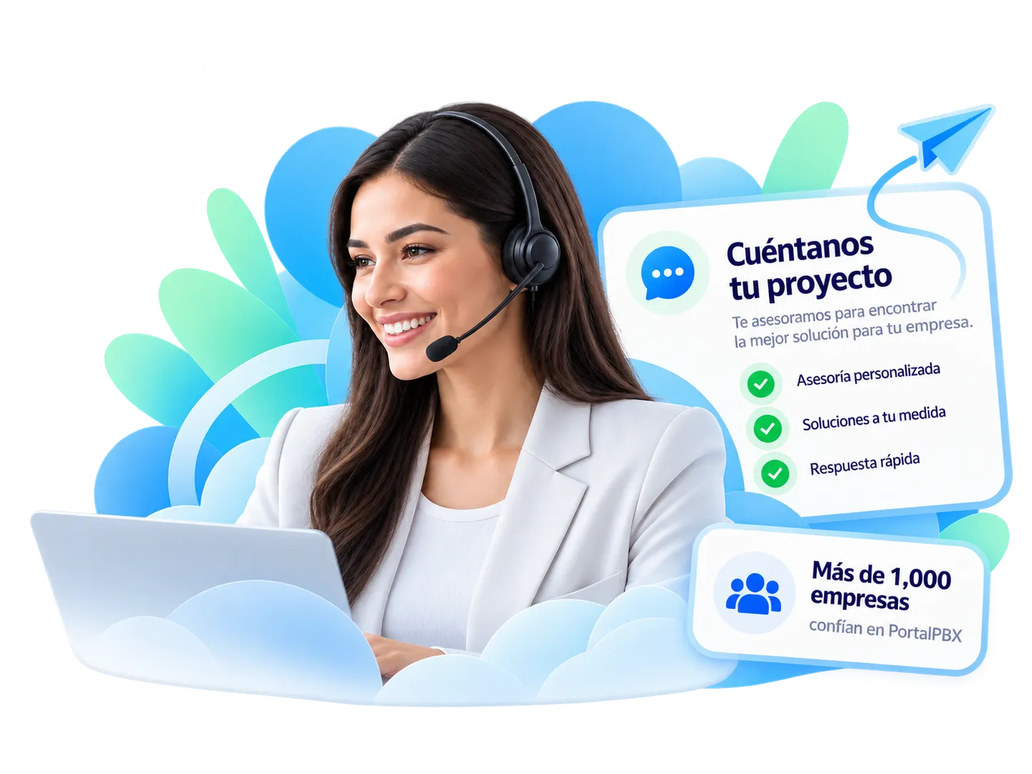 Asesora de PortalPBX con auriculares frente a su portátil, con una tarjeta «Cuéntanos tu proyecto» (asesoría personalizada, soluciones a tu medida, respuesta rápida) y el dato «Más de 1,000 empresas confían en PortalPBX»