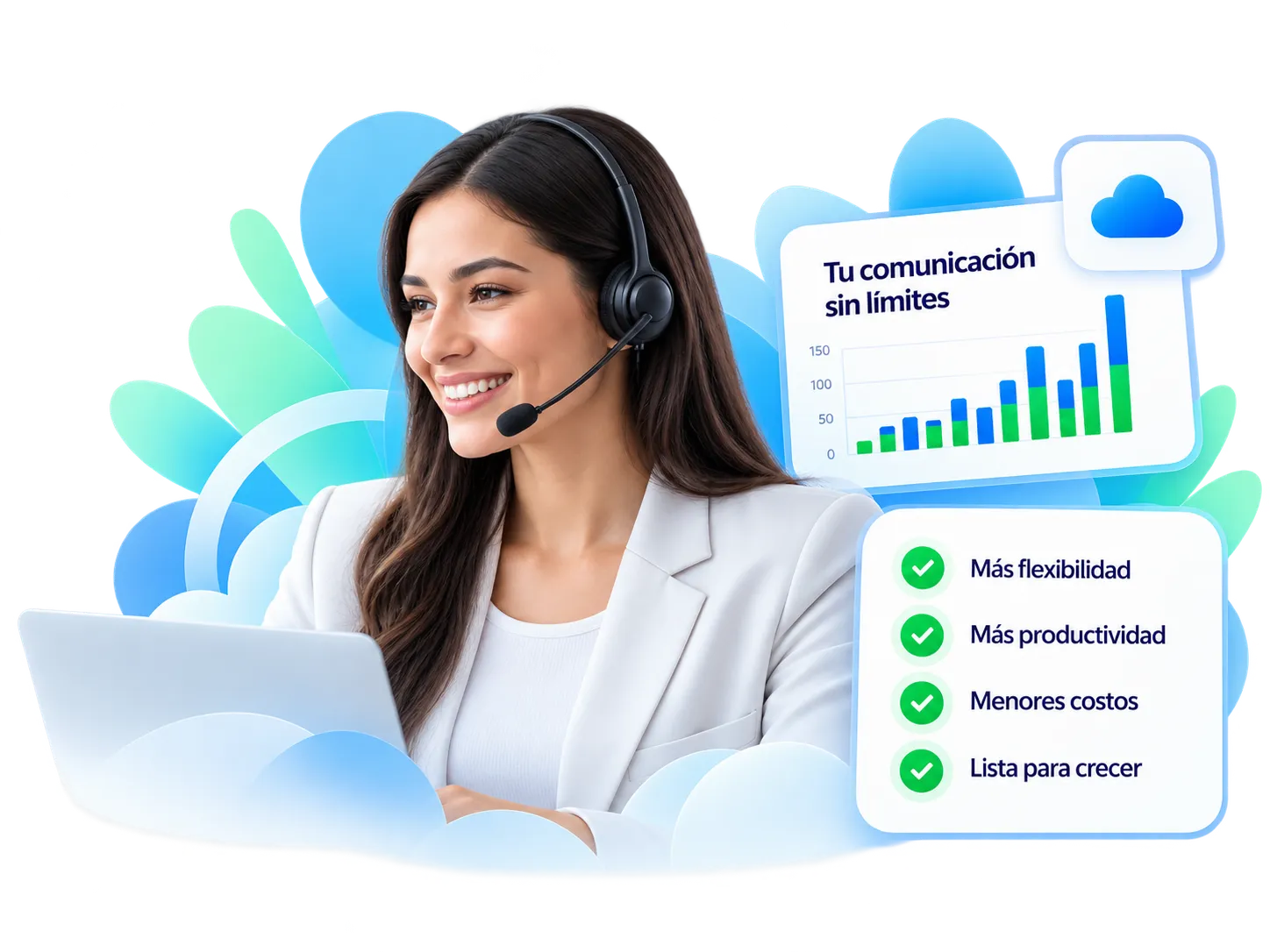 Asesora de PortalPBX con auriculares sonriendo frente a su portátil, con una tarjeta «Tu comunicación sin límites», un gráfico de crecimiento y beneficios: más flexibilidad, más productividad, menores costos y lista para crecer