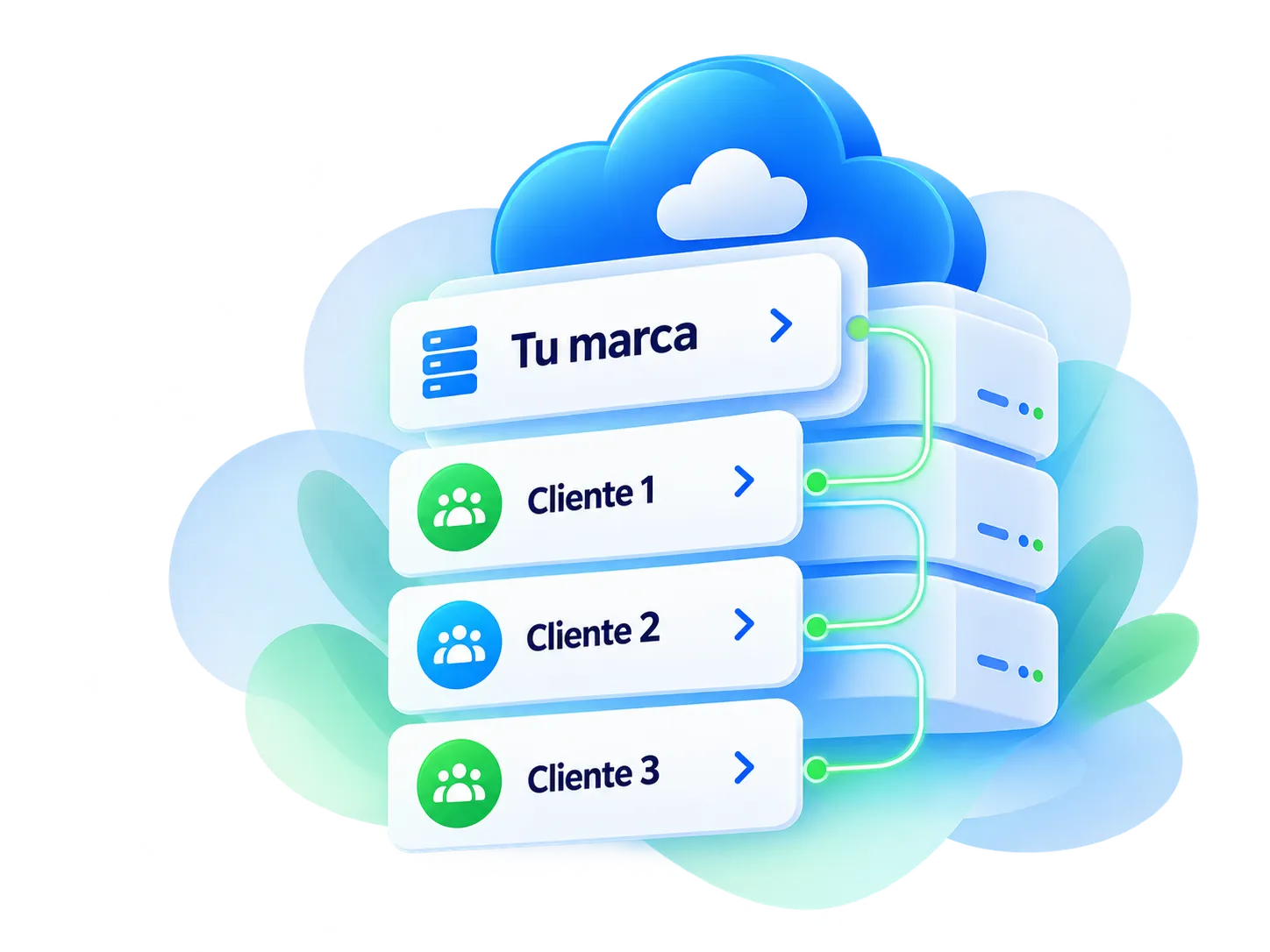 Nube con tu marca conectada a varios clientes independientes